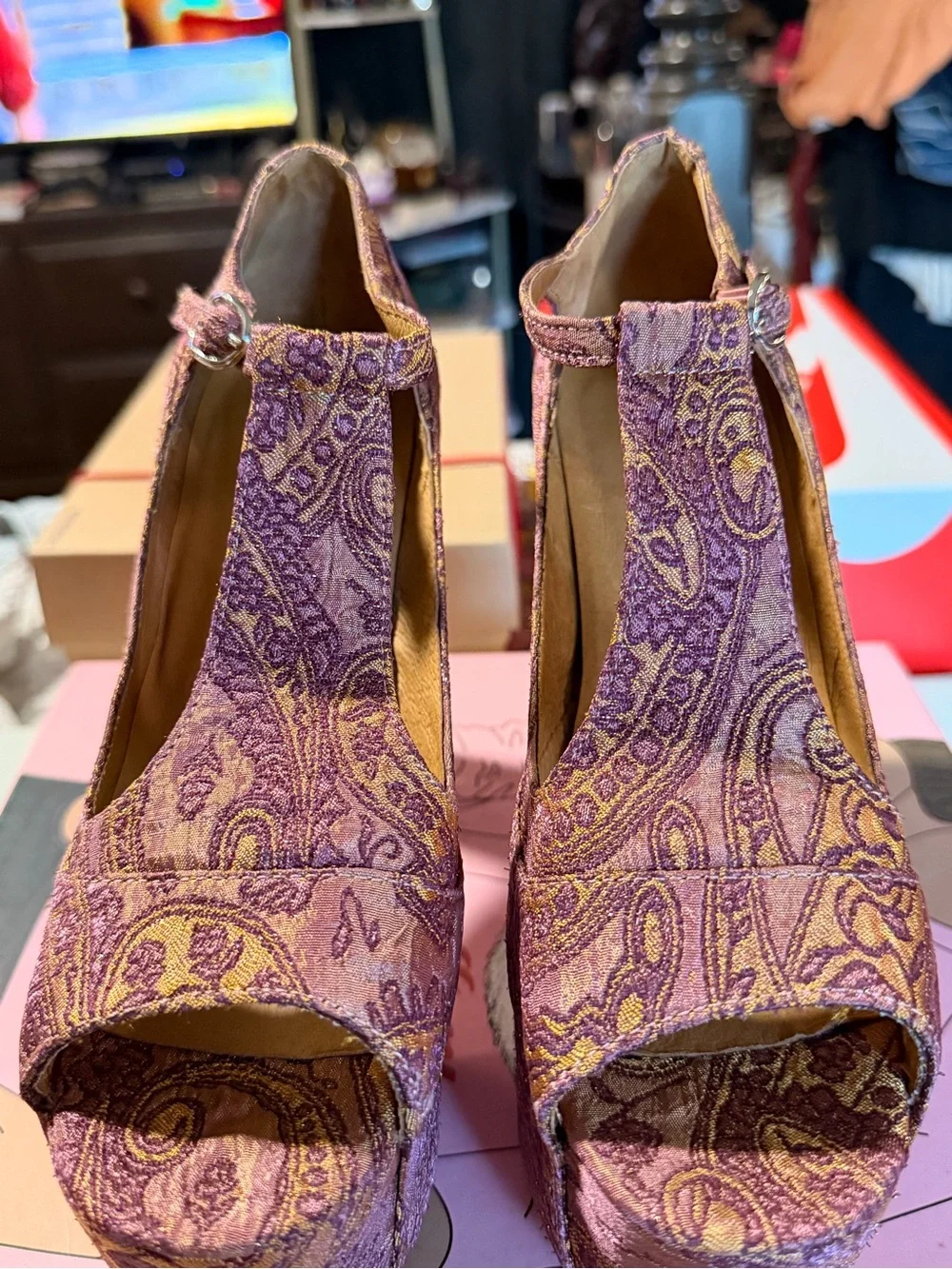 Jeffrey Campbell FOXY Purple Paisley Platform Peep-Toe Heels